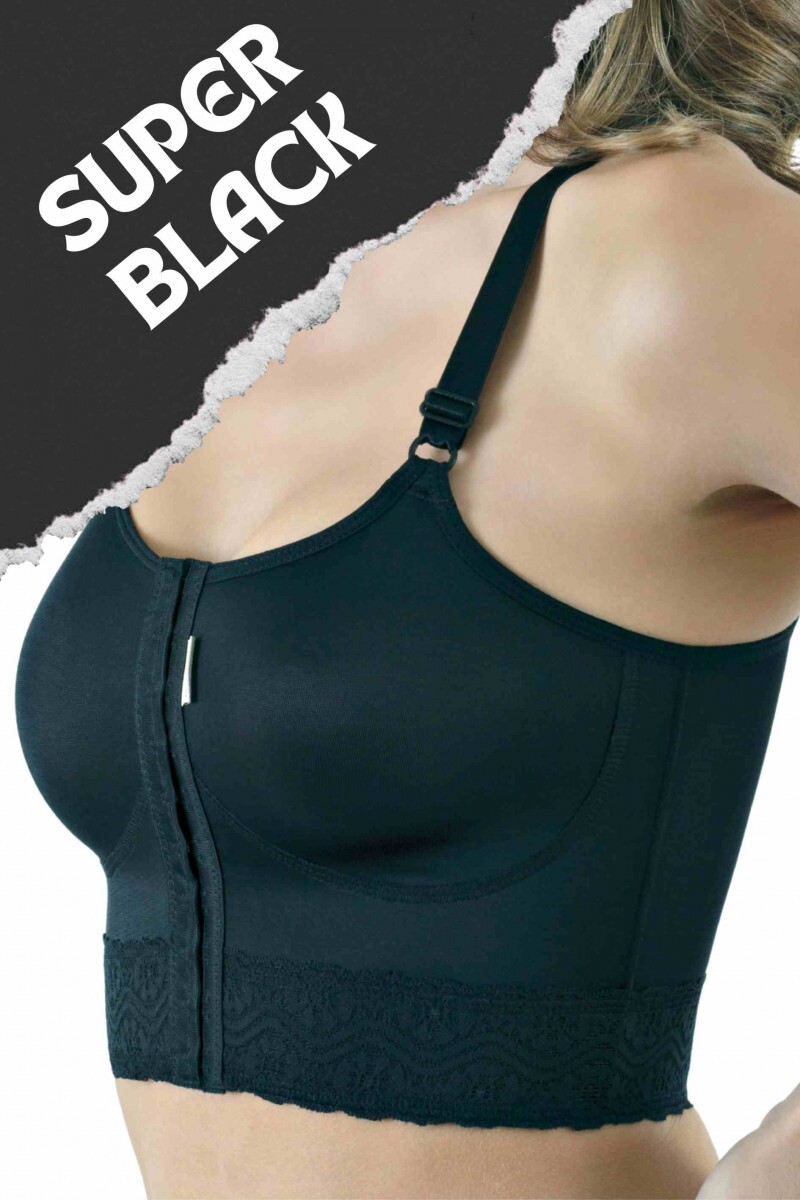 Sutiã com fechamento frontal, base reforçada com busto flexível e renda - 1006R PRETO Sutiã com fechamento frontal, base reforçada com busto flexível e renda - 1006R PRETO